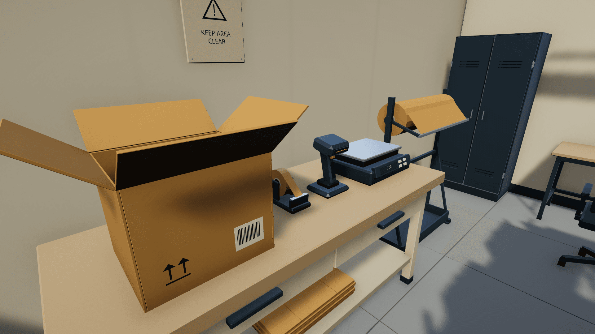 Packing bench with an open parcel box, tape dispenser, barcode scanner, parcel scale and paper rack next to a staff locker